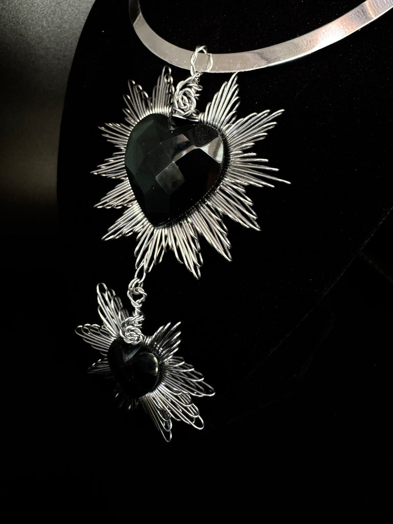 United Hearts Faceted Obsidan Necklace Silver