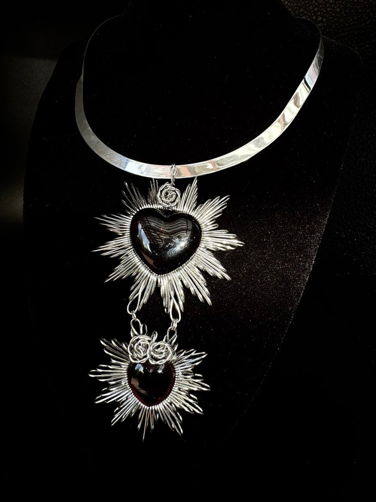 Connected Red Hearts Necklace Silver