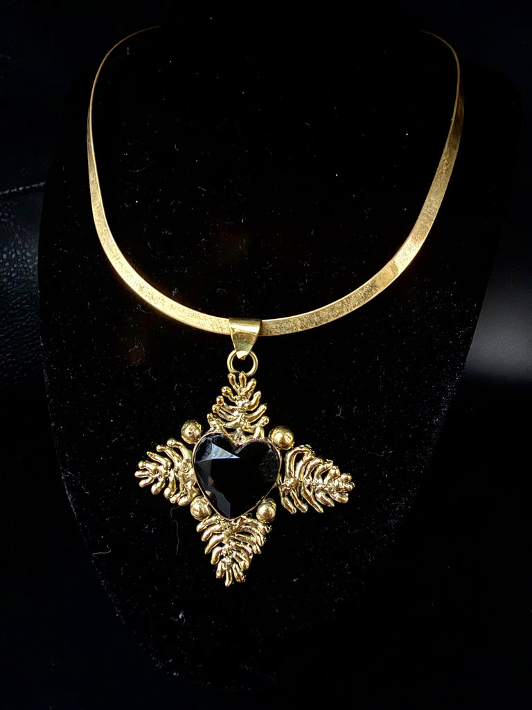 Faceted Black Obsidian Ivy leaf Heart Necklace