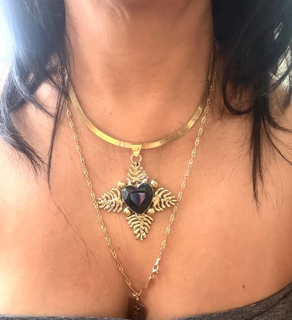 Faceted Black Obsidian Ivy leaf Heart Necklace