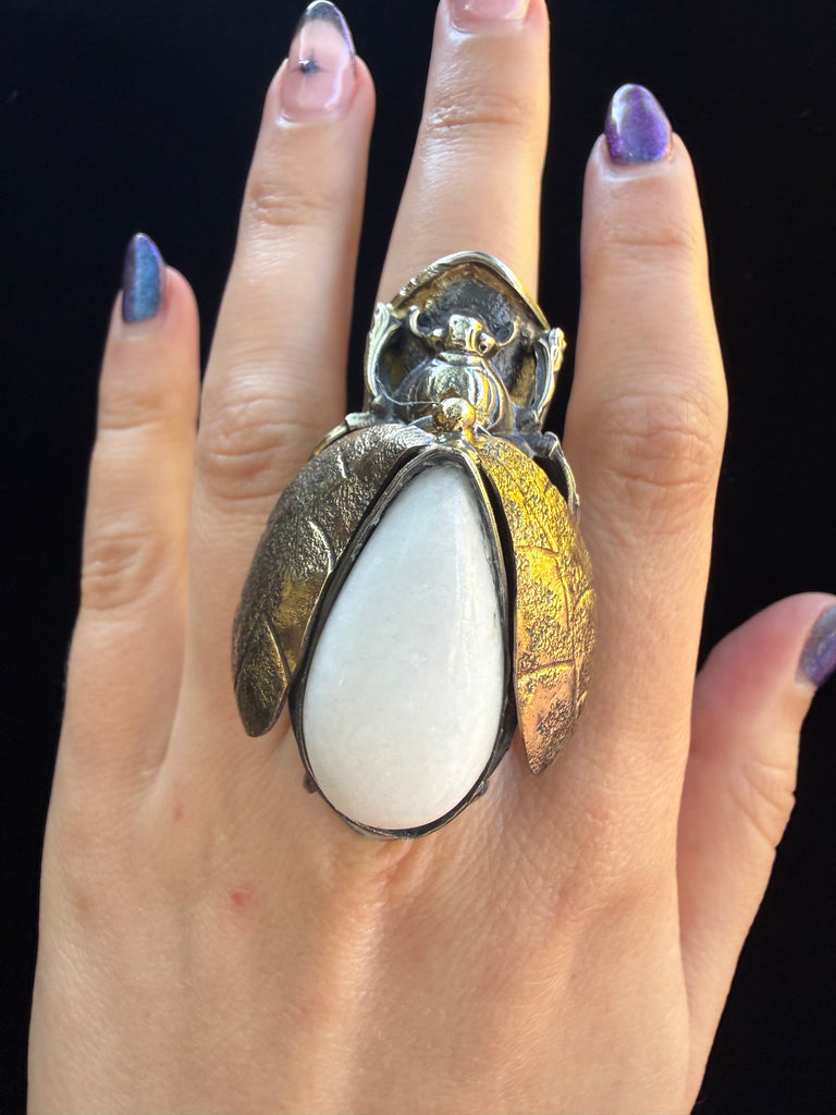 Scarab Beetle Milky Quartz Ring