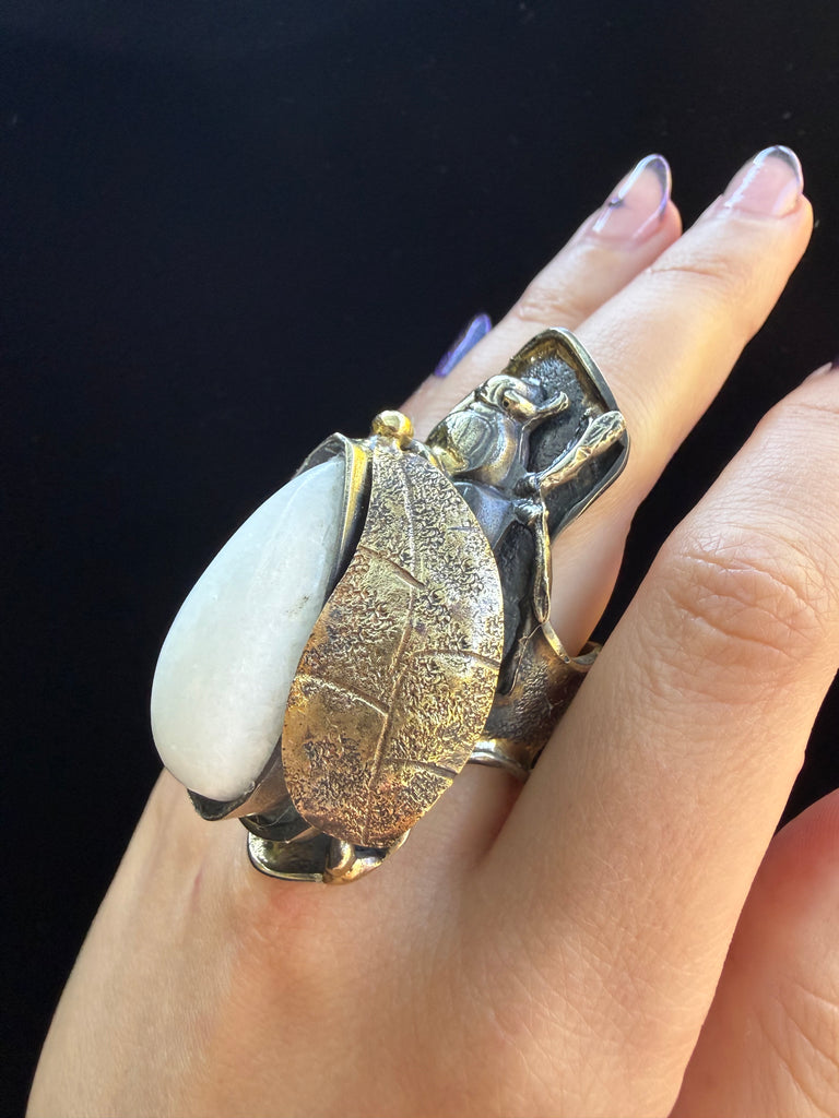 Scarab Beetle Milky Quartz Ring