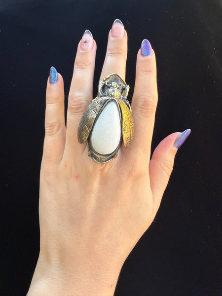 Scarab Beetle Milky Quartz Ring