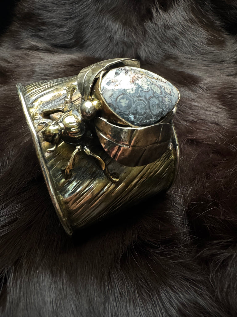 Scarab Beetle Moss Agate Bracelet