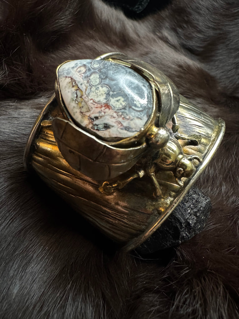 Scarab Beetle Moss Agate Bracelet