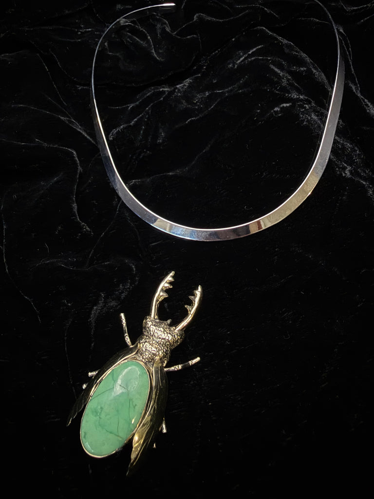 Stag Beetle with Green Jade Necklace