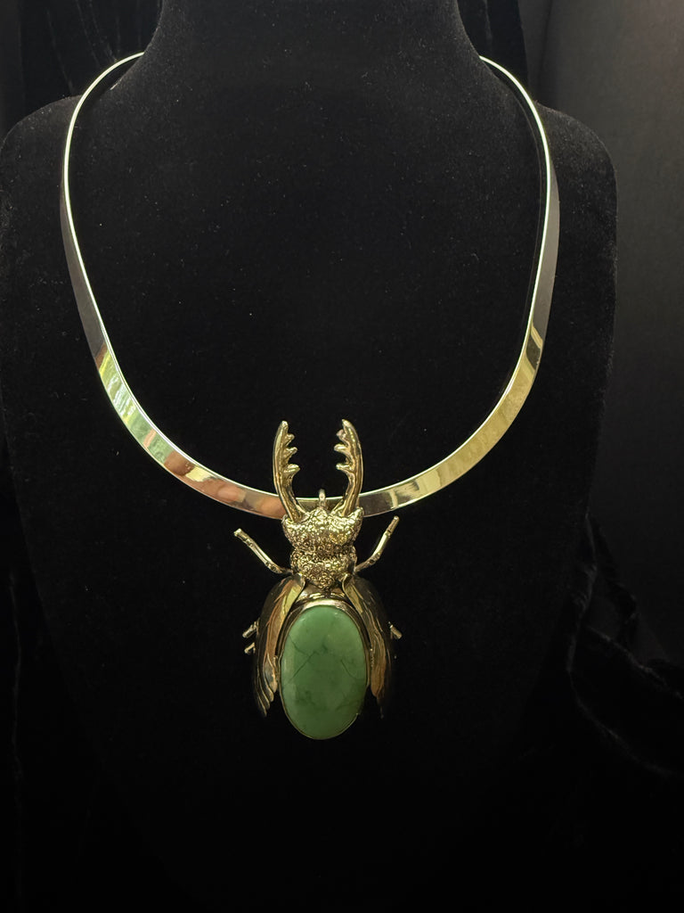 Stag Beetle with Green Jade Necklace