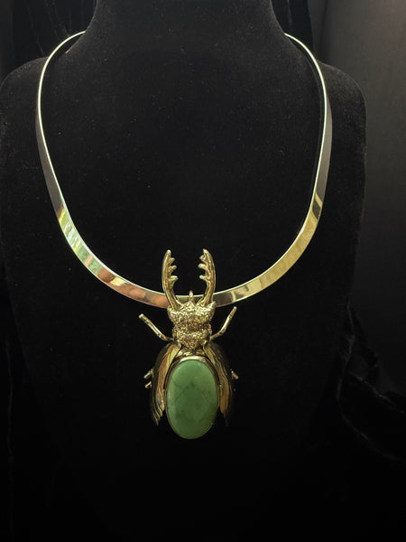 Stag Beetle with Green Jade Necklace
