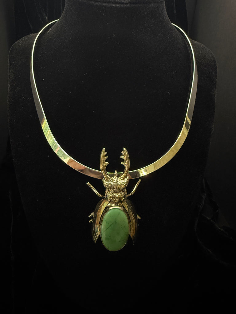 Stag Beetle with Green Jade Necklace