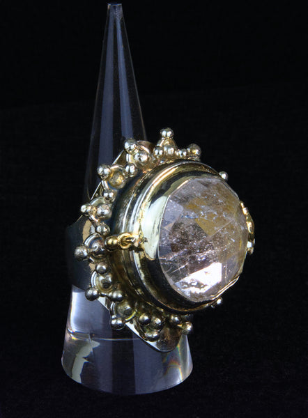 Clear Round Faceted Quartz Locket Ring