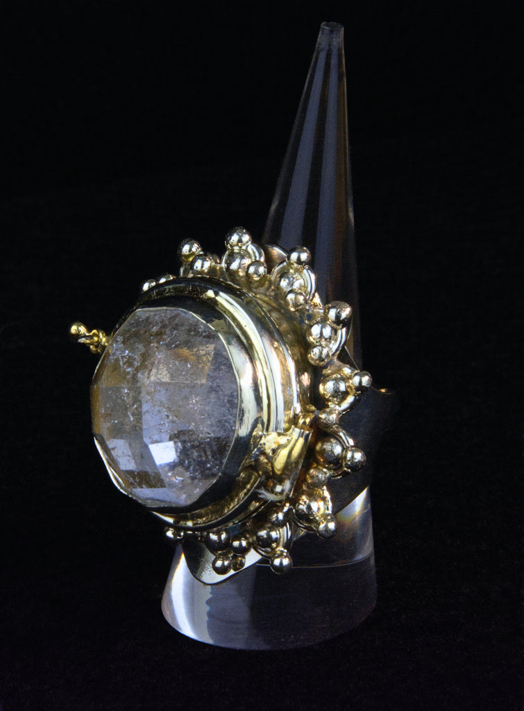 Clear Round Faceted Quartz Locket Ring